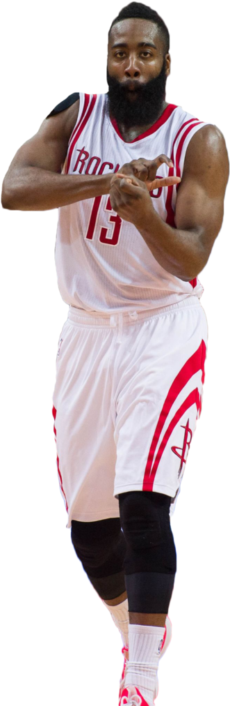 Houston Rockets 桌布 壁紙 — 籃球運動員詹姆斯·哈登身穿休士頓火箭隊球衣，在黑色背景下做出手勢。
