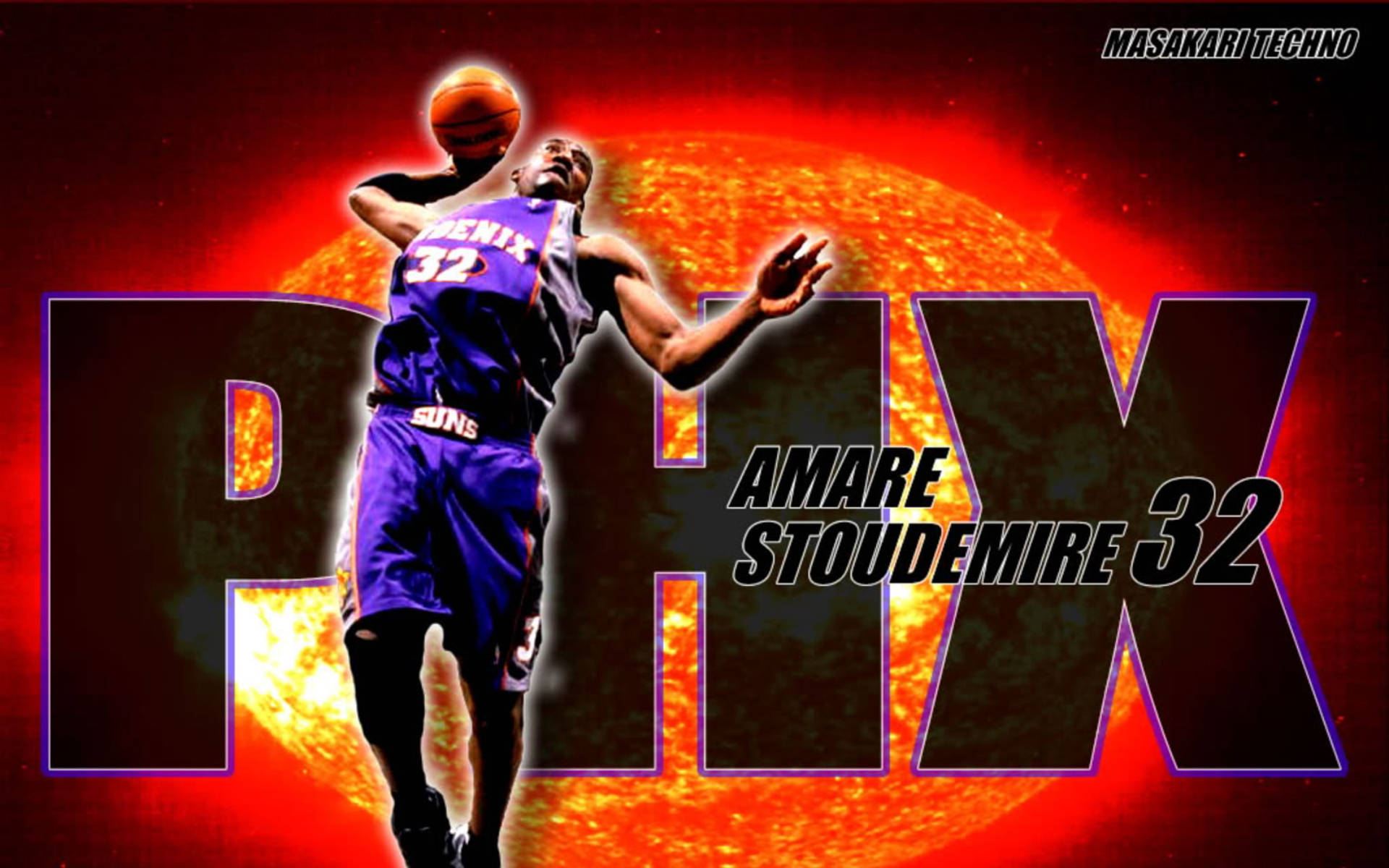 Suns 桌布 壁紙 — 籃球運動員阿馬雷·斯塔德邁爾身穿紫色太陽隊球衣，在熾熱的太陽背景和粗體PHX字樣前灌籃。