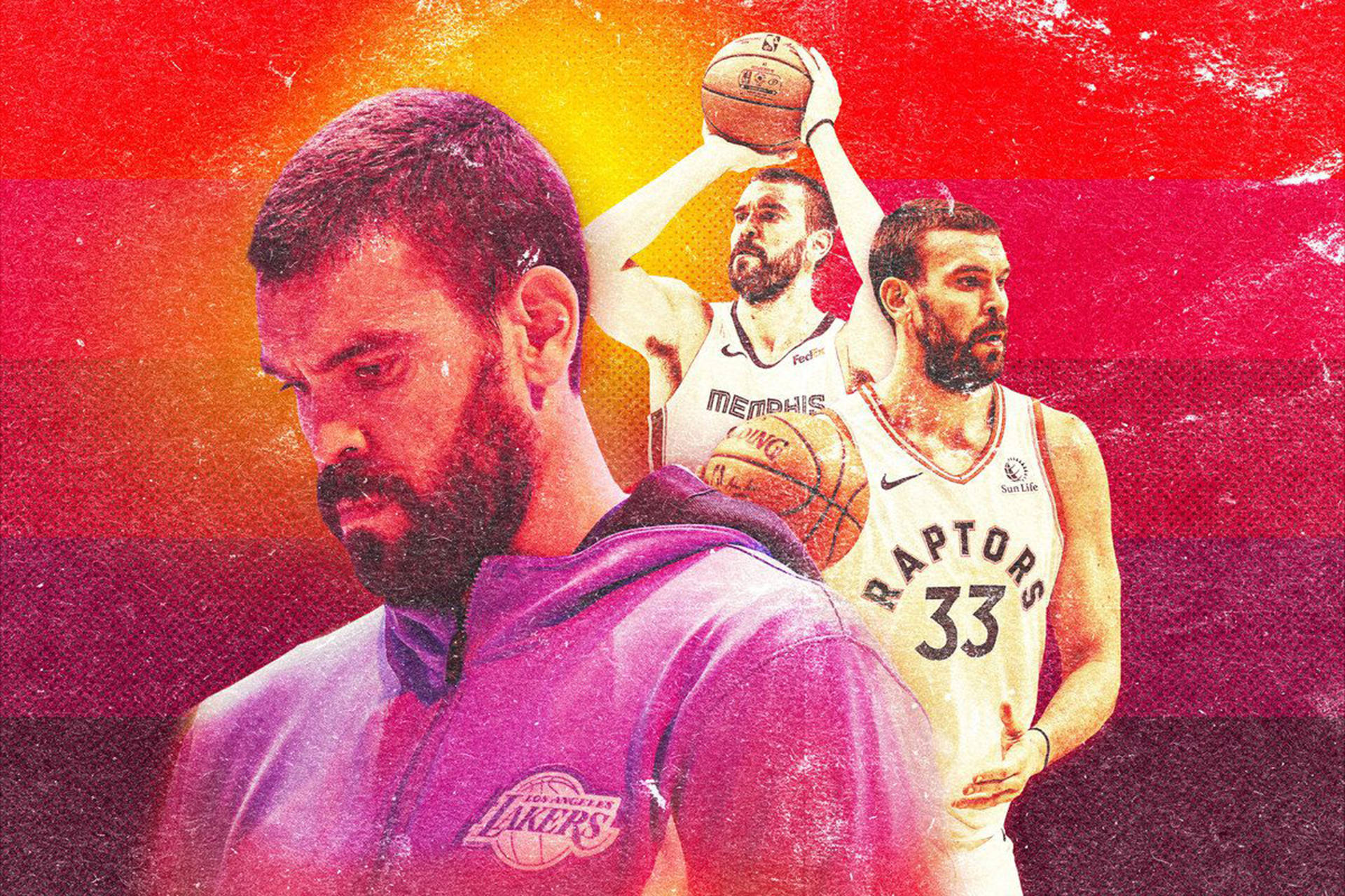 Marc Gasol 桌布 壁紙 — 籃球運動員馬克·加索爾身穿湖人隊和暴龍隊球衣，以充滿活力的日落漸變背景為襯托的風格化圖形拼貼畫。