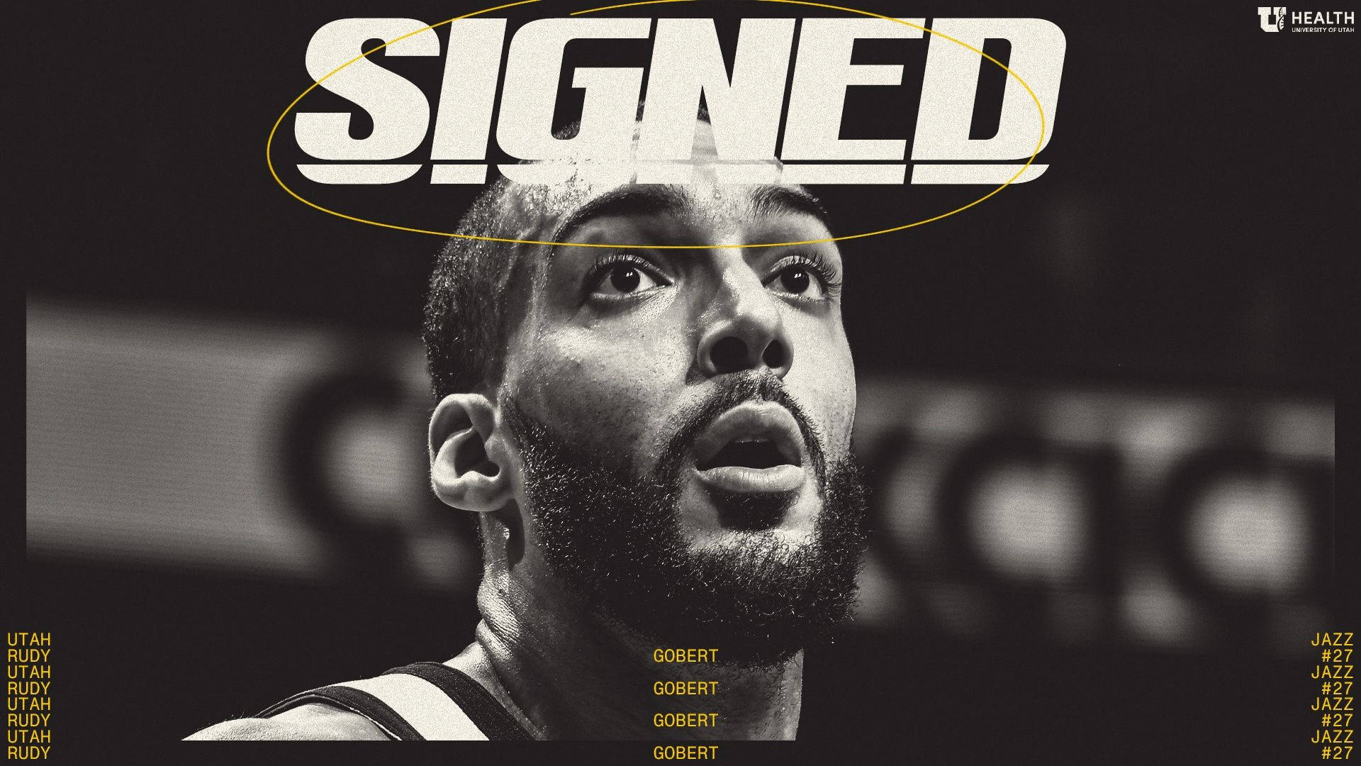 Rudy Gobert 桌布 壁紙 — 籃球運動員魯迪·戈貝爾的黑白特寫，頭頂有「SIGNED」文字。