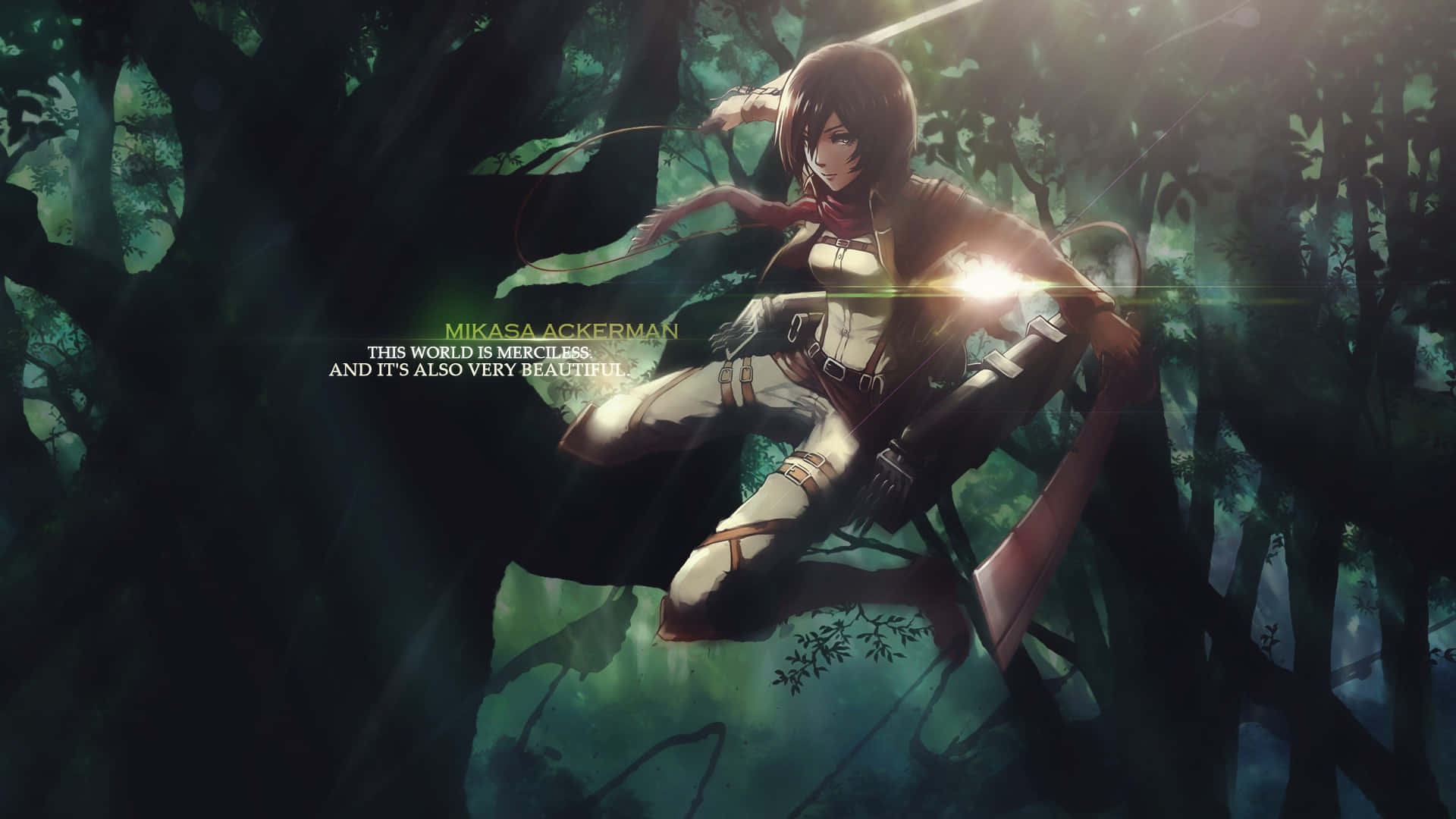 Cool Anime Girl 桌布 壁紙 — 米卡莎·阿卡曼身穿戰鬥裝備，跳躍穿過陽光明媚的森林，光線穿透茂密的綠色樹冠。