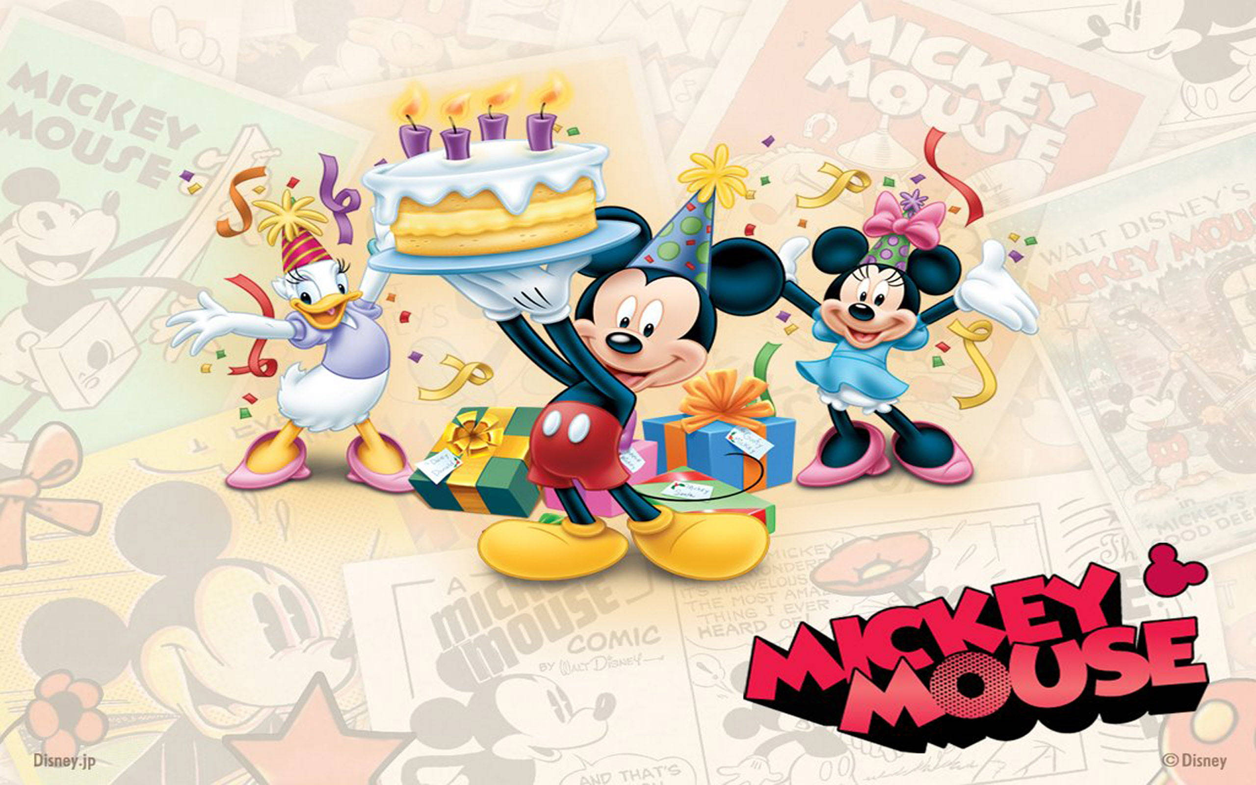 Mickey 桌布 壁紙 — 米奇、米妮和黛西在漫畫背景前用蛋糕、禮物和五彩紙屑慶祝生日。