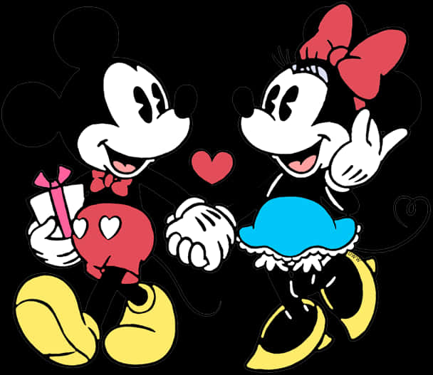 Mickey 桌布 壁紙 — 米奇和米妮手牽手，在黑色背景前開心微笑，中間有一個小紅心。