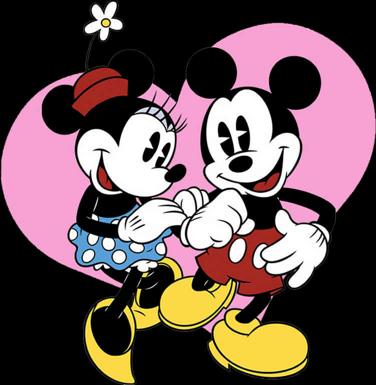 Mickey 桌布 壁紙 — 米奇和米妮手牽手，站在一個粉紅色的心形前，米妮頭上戴著一朵白花，背景為黑色。