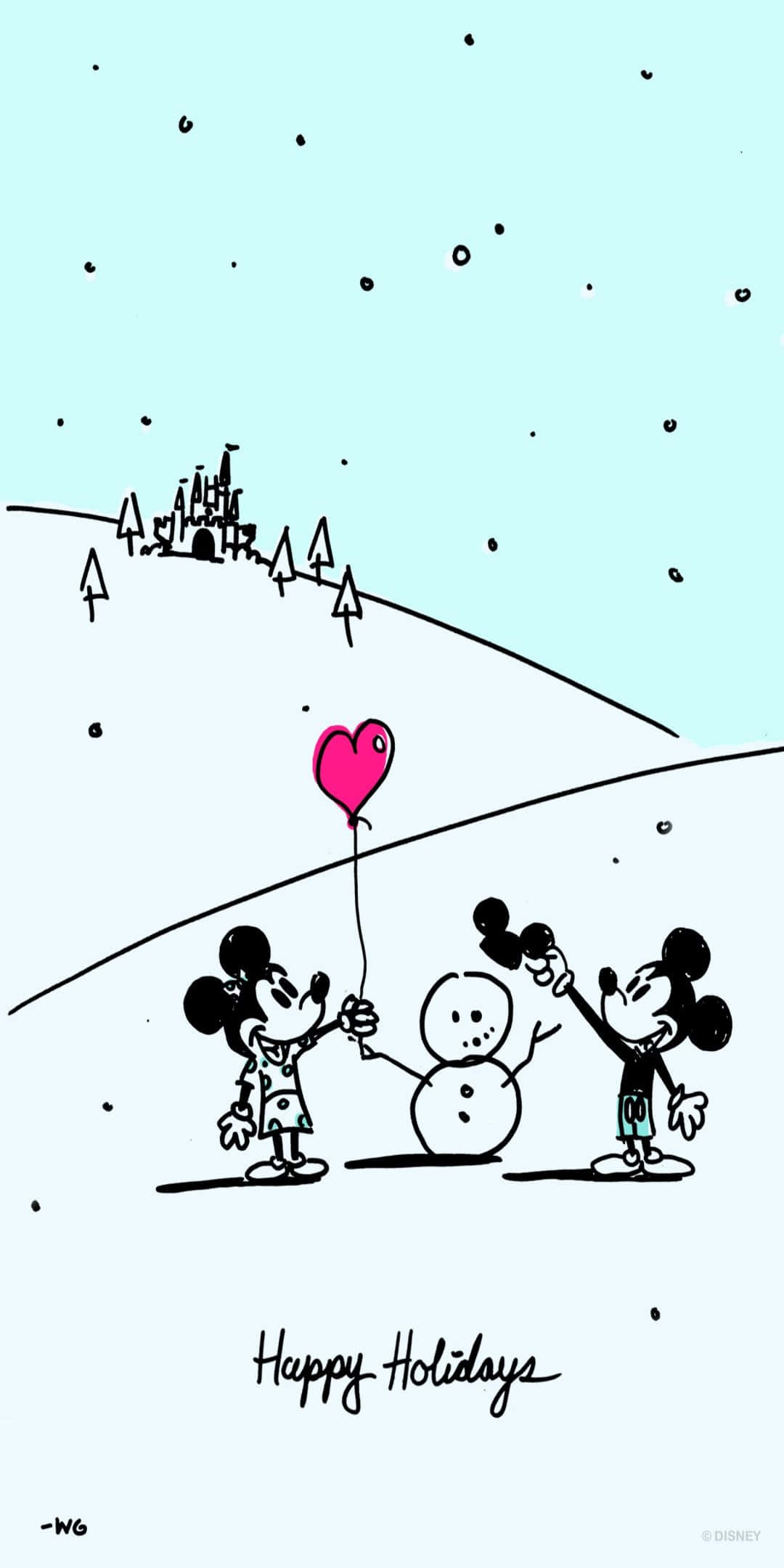 Pixel 3 Disney 桌布 壁紙 — 米奇和米妮站在雪景中，手持粉紅色心形氣球，旁邊有一個雪人，遠處有一座城堡。