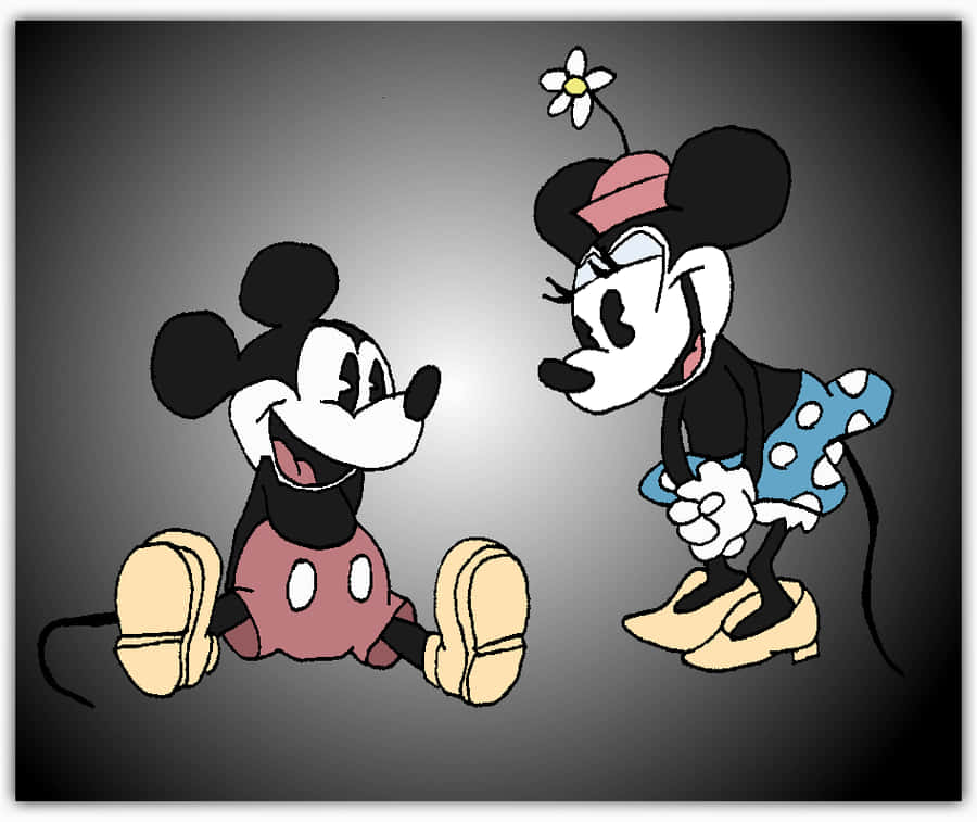 Mickey And Minnie Mouse 桌布 壁紙 — 米奇和米妮老鼠以經典卡通風格在深色漸變背景上互相微笑。