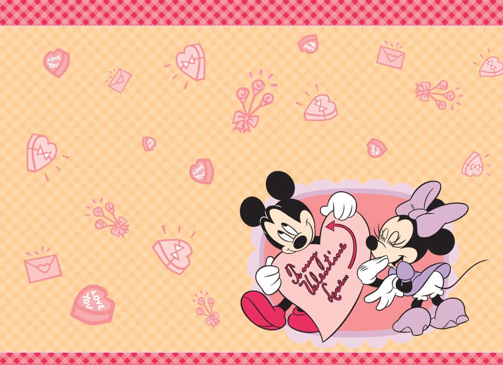 Mickey And Minnie Mouse 桌布 壁紙 — 米奇和米妮老鼠分享一個巨大的粉紅色心形，上面寫著「Happy Valentine's Day」，背景是粉紅和橙色格子圖案，還有漂浮的心形和信封。