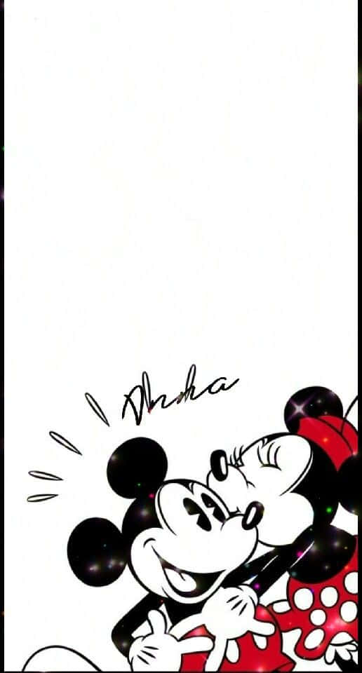 White Mickey Mouse 桌布 壁紙 — 米奇和米妮老鼠分享一個快樂的擁抱，帶有閃光和角落裡手寫的「達卡」簽名。