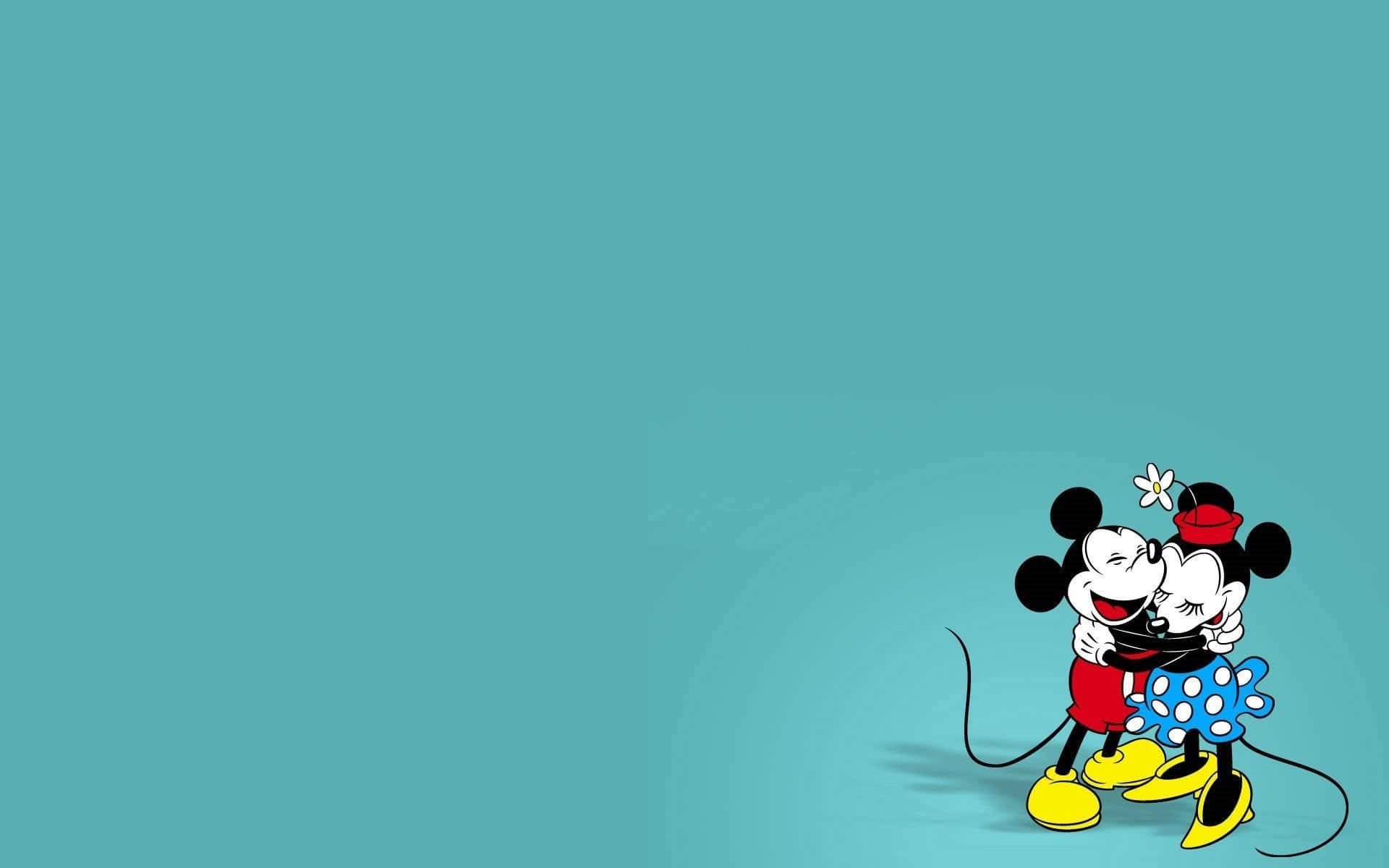 Aesthetic Disney Laptop 桌布 壁紙 — 米奇和米妮老鼠在帶有微妙漸層的純青色背景上快樂地擁抱。