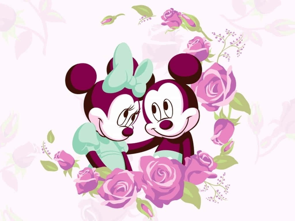 Mickey And Minnie Mouse 桌布 壁紙 — 米奇和米妮老鼠在柔和的粉紅玫瑰園中擁抱，一幅甜蜜浪漫的插圖。