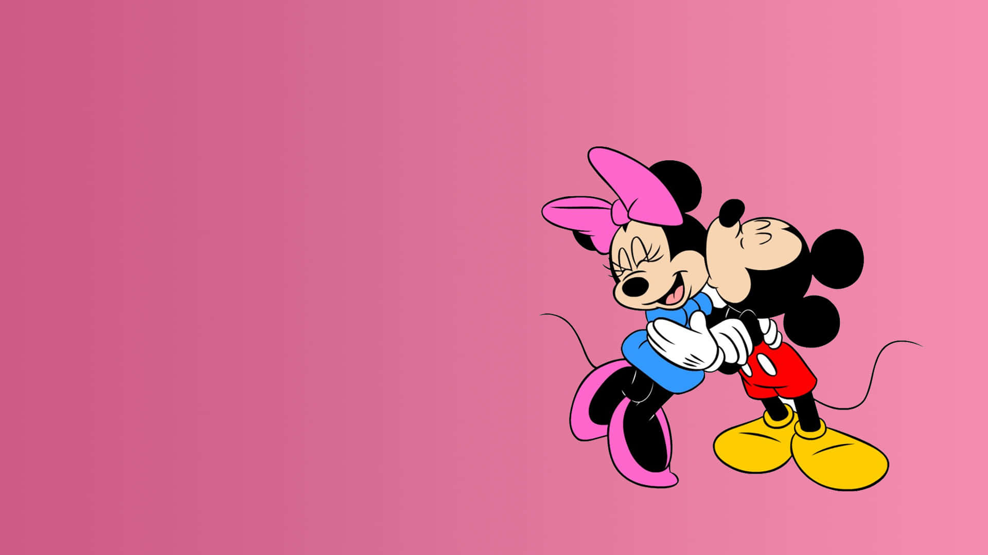 Minnie Mouse Pink 桌布 壁紙 — 米奇和米妮老鼠在柔和的粉紅色漸變背景上幸福地擁抱。
