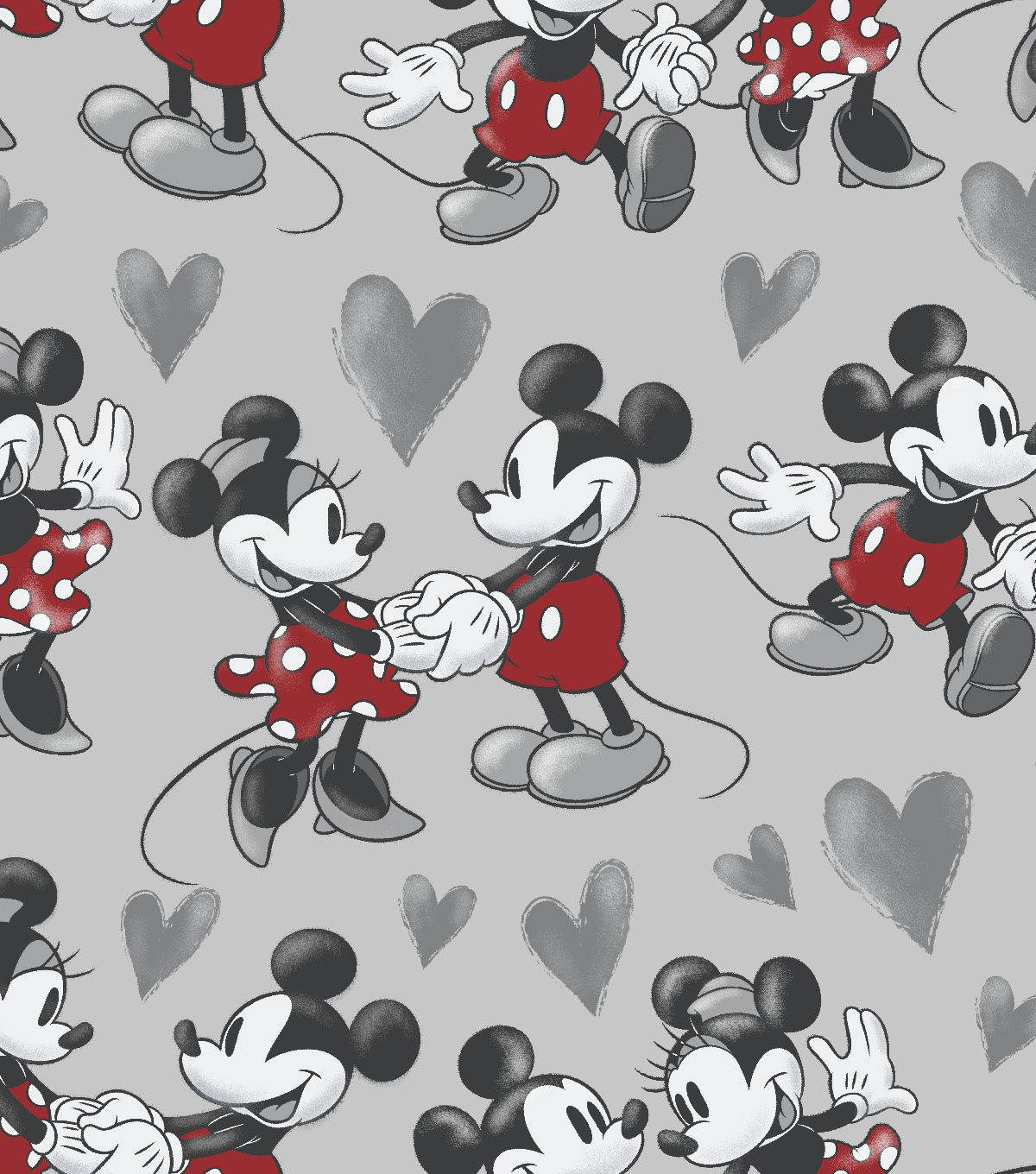 minnie 桌布 壁紙 — 米奇和米妮老鼠在灰色背景上以經典姿勢呈現，帶有心形圖案。