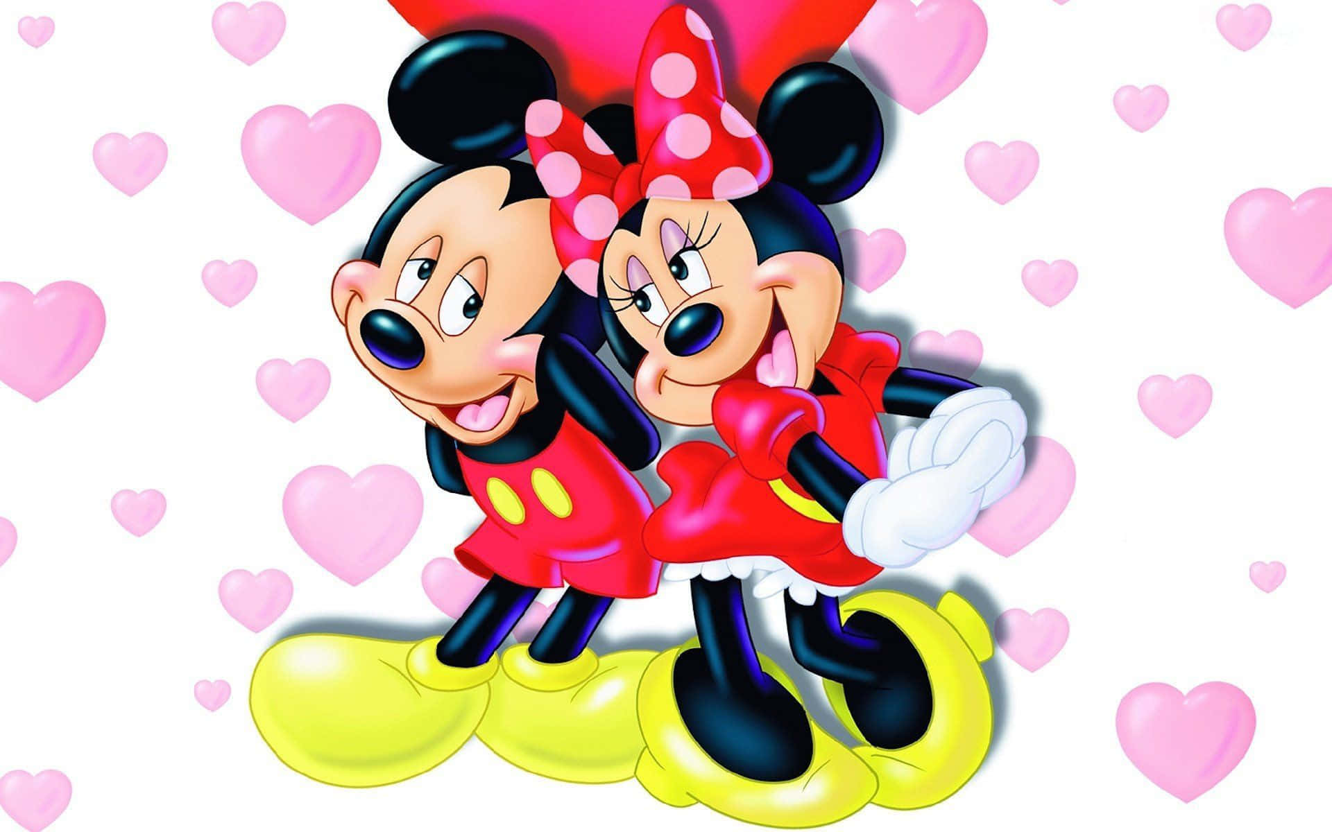 Mickey And Minnie Mouse 桌布 壁紙 — 米奇和米妮老鼠在白色背景上，於粉紅心形雨中歡樂地擁抱。