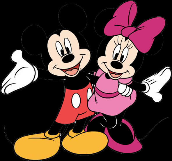 Mickey 桌布 壁紙 — 米奇和米妮老鼠在純黑色背景上微笑並愉快地揮手。