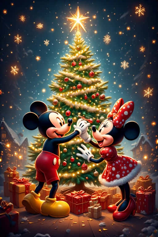Mickey’s Cozy Christmas Village 壁紙 — 米奇和米妮老鼠在飄雪中歡樂地裝飾閃爍的聖誕樹，周圍放滿禮物。