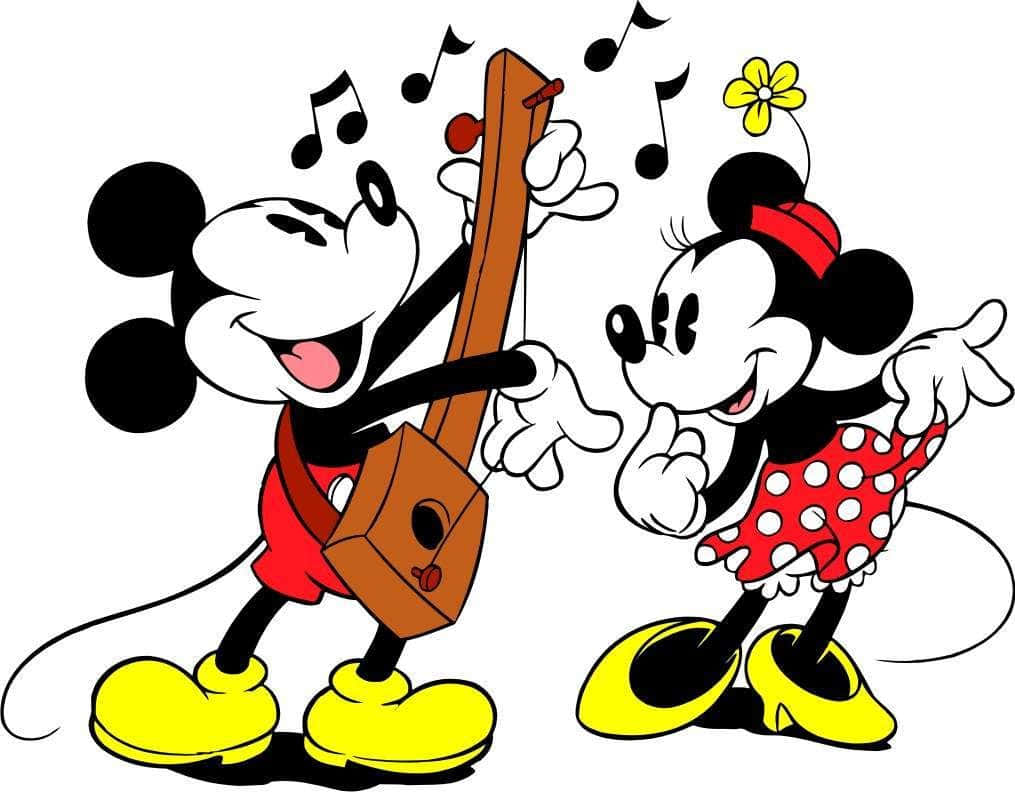 Mickey And Minnie Mouse 桌布 壁紙 — 米奇和米妮老鼠愉快地一起演奏音樂，音符在他們周圍飄浮，經典卡通風格。