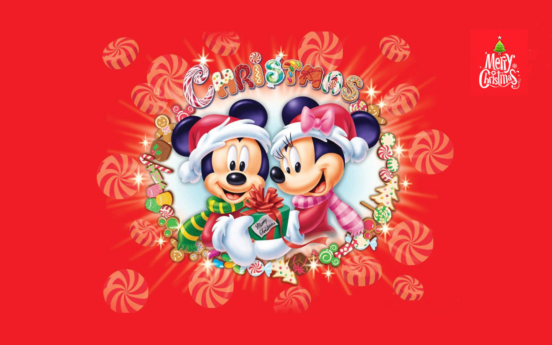 桌布 壁紙 — 米奇和米妮老鼠戴著節日聖誕帽，在鮮紅色背景上拿著被糖果杖和漩渦包圍的禮物。