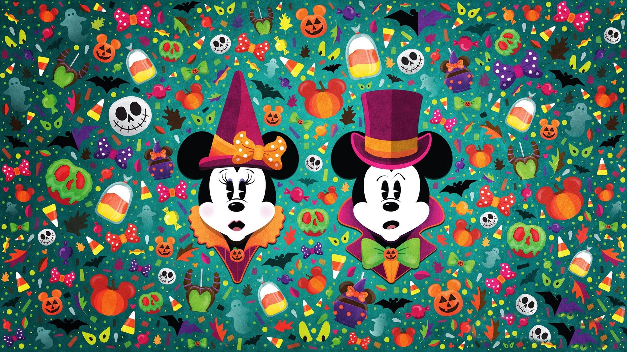 Halloween iPad 桌布 壁紙 — 米奇和米妮老鼠打扮成萬聖節女巫和巫師，置身於色彩繽紛的糖果玉米和南瓜圖案中。
