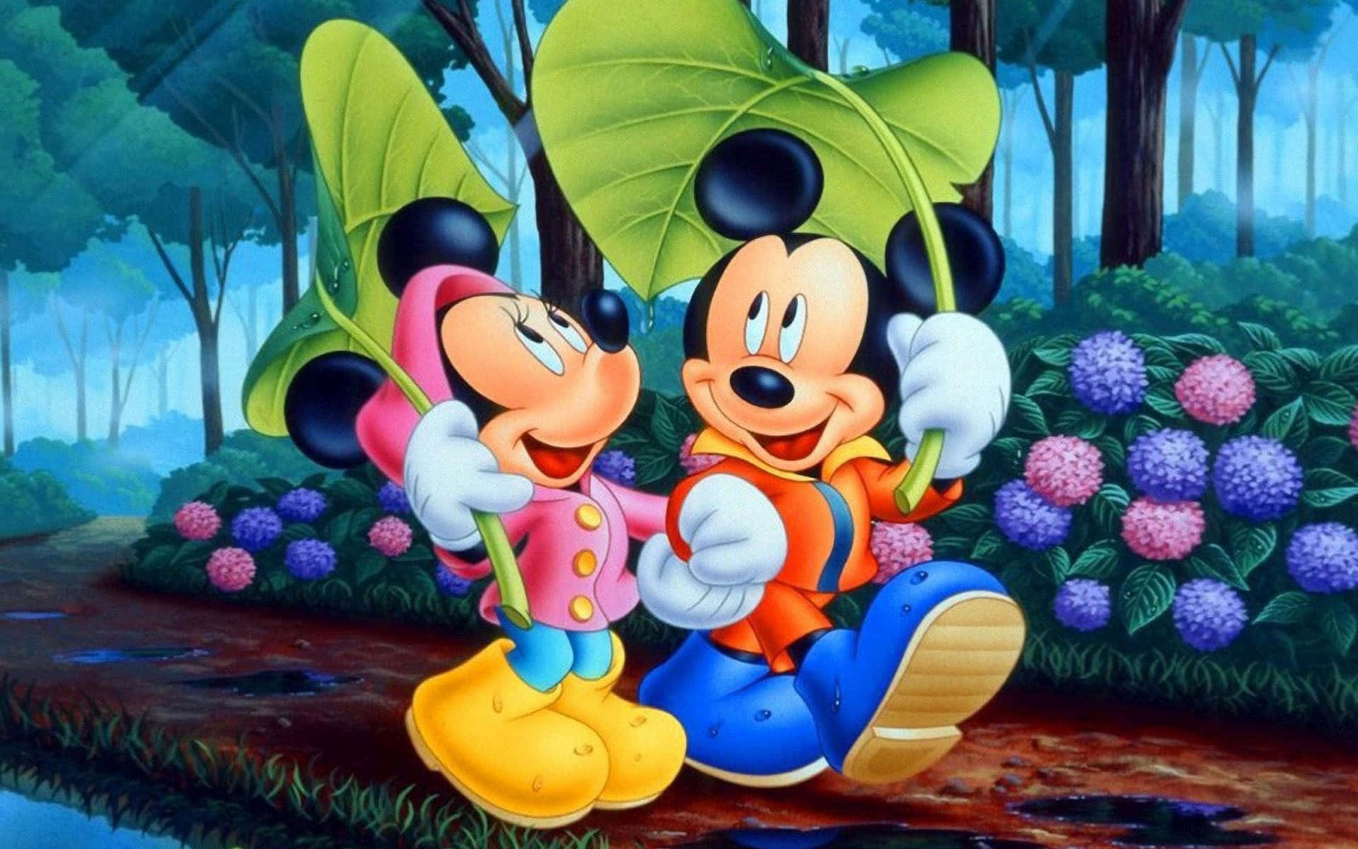Mickey And Minnie Mouse 桌布 壁紙 — 米奇和米妮老鼠歡快地笑著，頭頂著巨大的樹葉，走在一條充滿活力的森林小徑上，小徑兩旁開滿了五顏六色的繡球花。