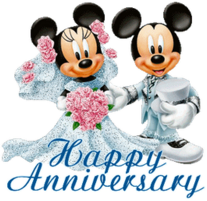 Happy Anniversary 桌布 壁紙 — 米奇和米妮老鼠穿著婚禮服飾，手牽手，周圍有粉紅花朵和一個「Happy Anniversary」橫幅。