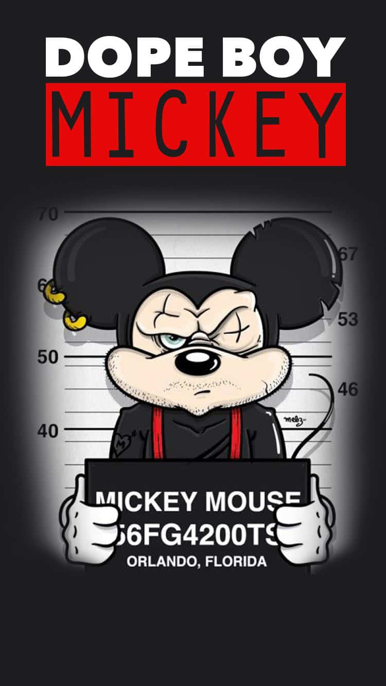 Mickey Mouse Cool 桌布 壁紙 — 米奇老鼠以嫌犯照姿勢，帶憤怒眼神，在警察背景上帶有「dope boy」標題。