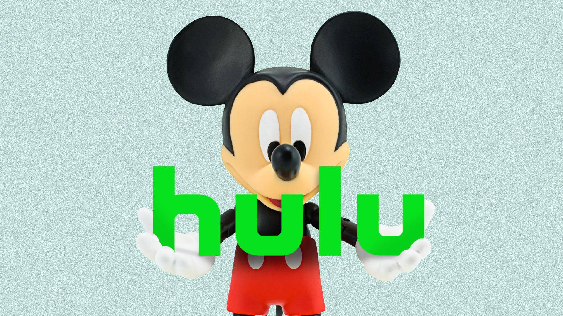 Hulu 桌布 壁紙 — 米奇老鼠公仔在淺藍色紋理背景上拿著綠色Hulu標誌。