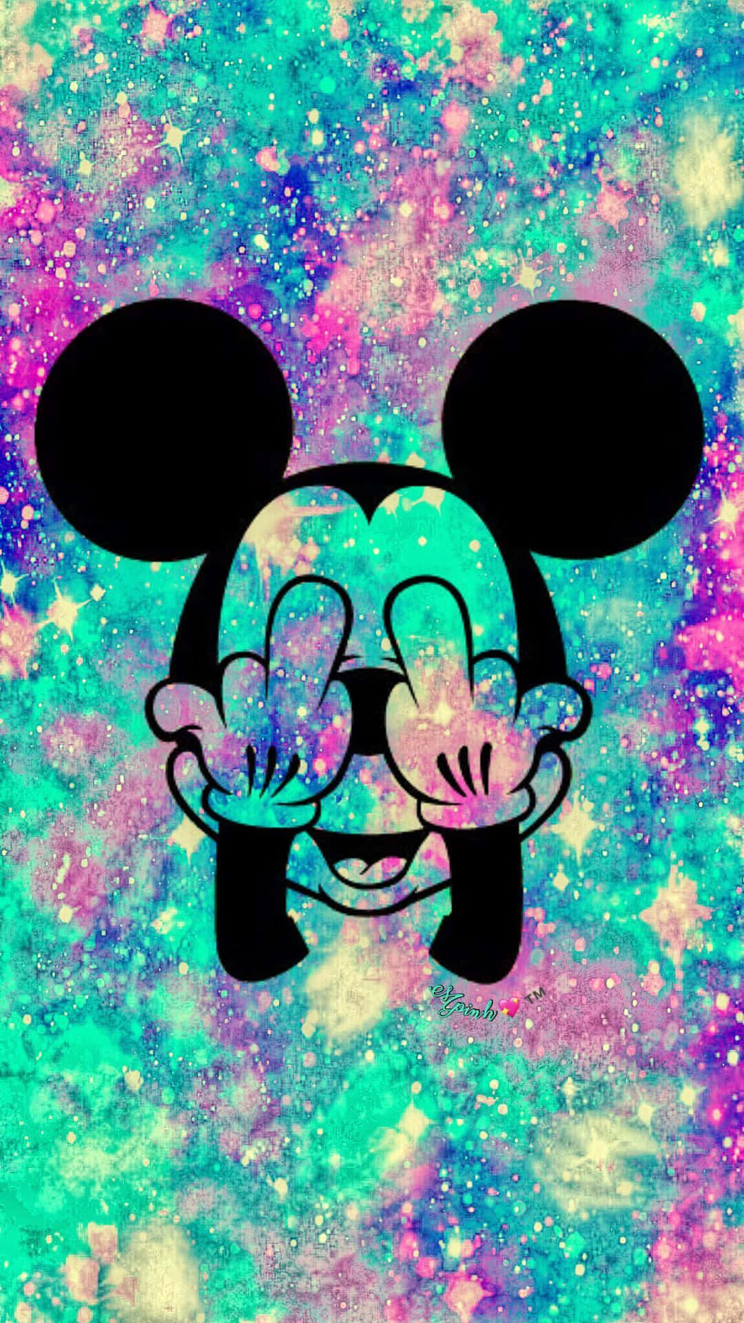 Mickey Mouse Cool 桌布 壁紙 — 米奇老鼠剪影，雙手遮眼，襯托充滿活力的宇宙星系背景。