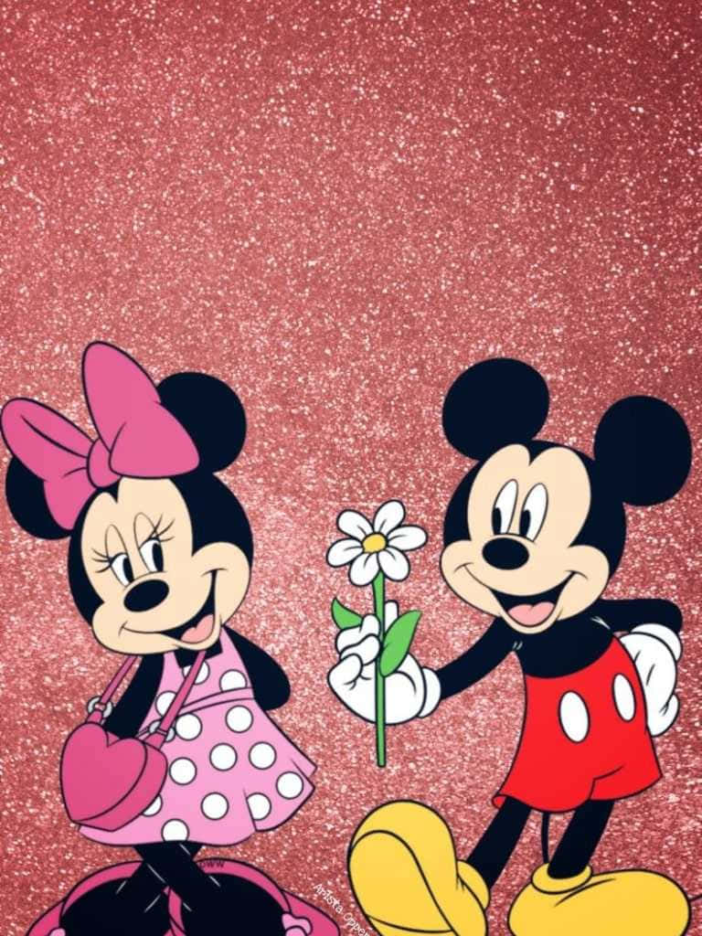 Mickey Mouse Home 桌布 壁紙 — 米奇老鼠向米妮老鼠獻上一朵白色雛菊，背景是閃閃發光的粉紅色亮粉。