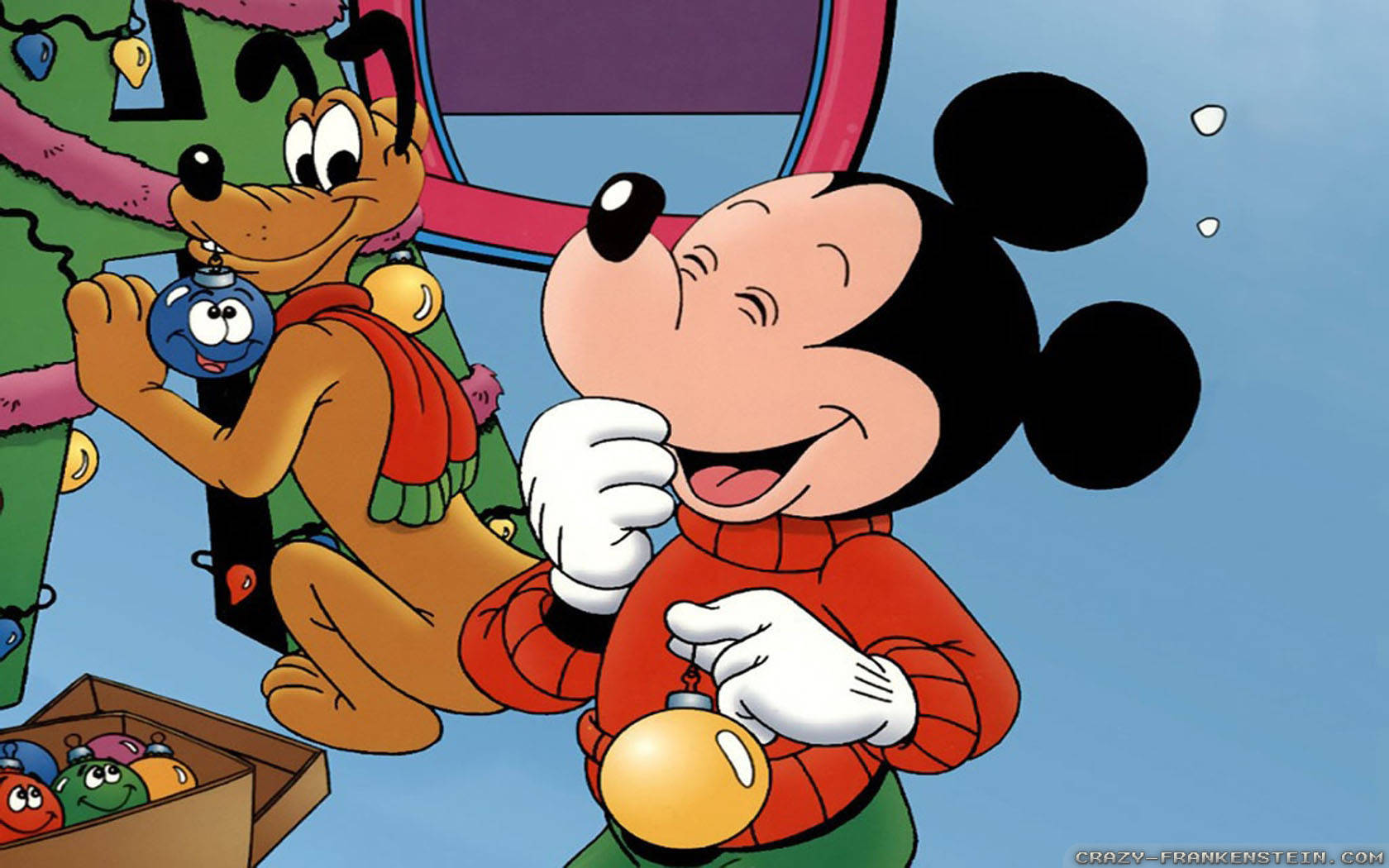 pluto 桌布 壁紙 — 米奇老鼠和布魯托愉快地用微笑的裝飾品裝飾聖誕樹，在節日卡通場景中。