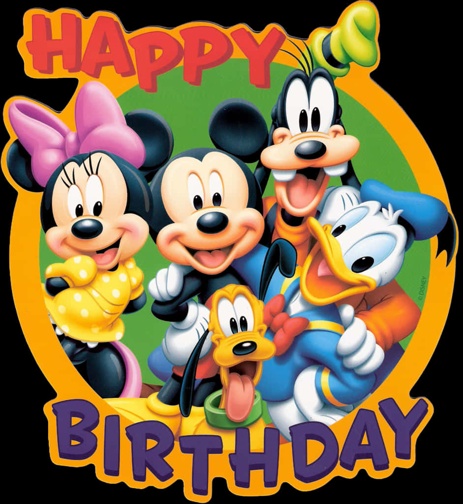 生日快樂 桌布 壁紙 — 米奇老鼠和朋友們在「生日快樂」橫幅下以喜悅的表情慶祝。