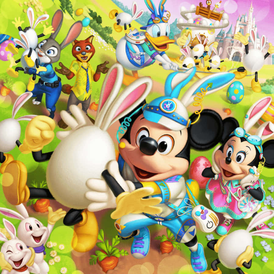 Easter Bunny 桌布 壁紙 — 米奇老鼠和朋友們穿著兔子服裝，在充滿活力的春天草地上，用巨大的復活蛋和歡樂的混亂慶祝復活節。