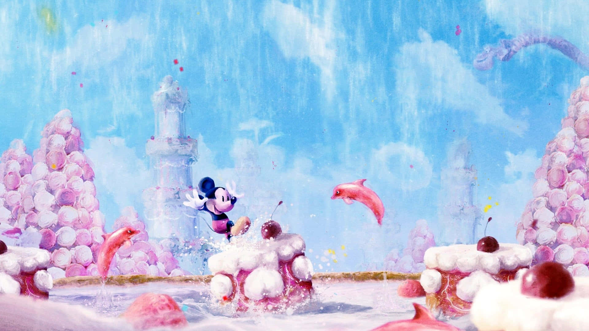 Mickey Mouse Desktop 桌布 壁紙 — 米奇老鼠在一個充滿粉紅色海豚魚和雪頂蛋糕結構的奇幻糖果樂園中，在明亮的藍天下快樂地跳躍。