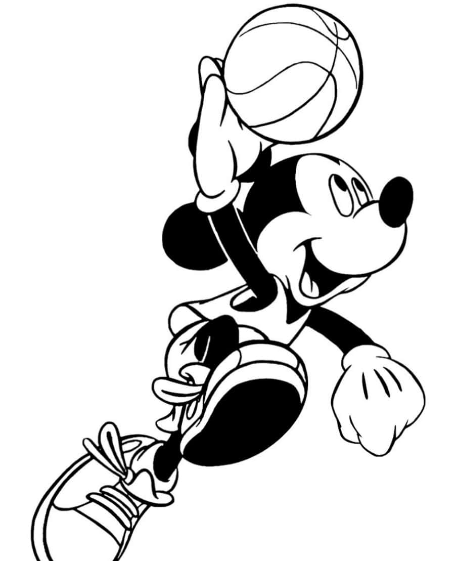 Mickey Mouse Colouring 桌布 壁紙 — 米奇老鼠在空中動態跳躍，手持籃球，表情愉快，採用大膽的黑白線條藝術風格。
