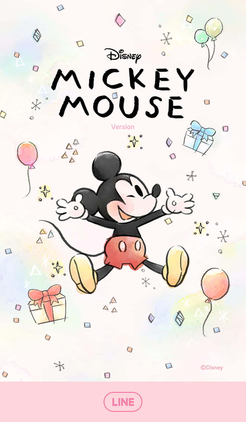 Mickey Mouse Cool 桌布 壁紙 — 米奇老鼠在色彩繽紛的紙碎氣球和禮物盒之間快樂跳躍，一幅歡樂的水彩插圖。