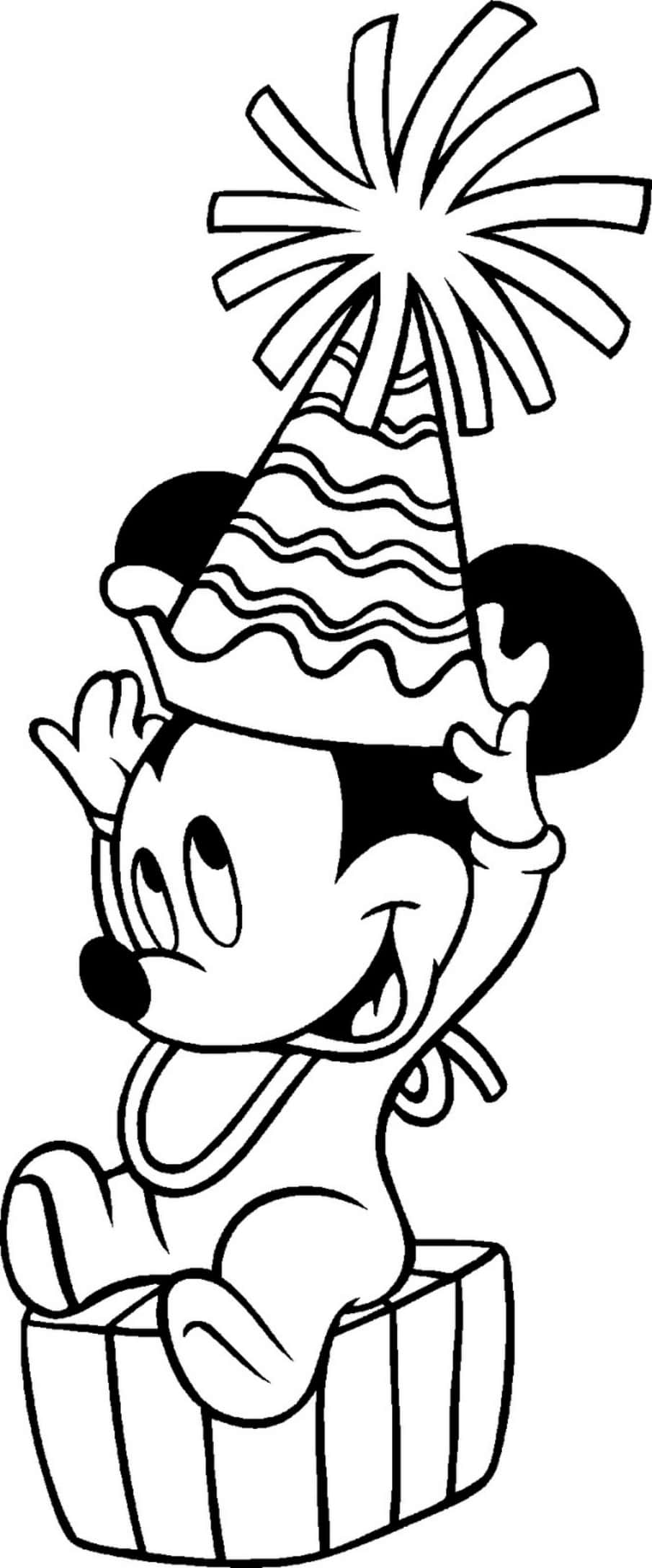 Mickey Mouse Colouring 桌布 壁紙 — 米奇老鼠坐在條紋禮物盒上，戴著帶有絨球的派對帽。