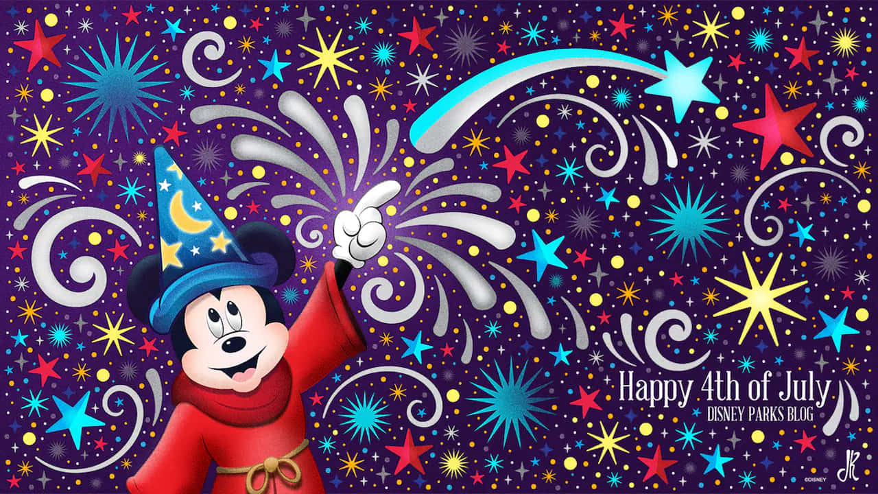 Happy Fourth Of July 桌布 壁紙 — 米奇老鼠戴上巫師帽，在星光點點的紫色天空中施展煙火，慶祝7月4日。