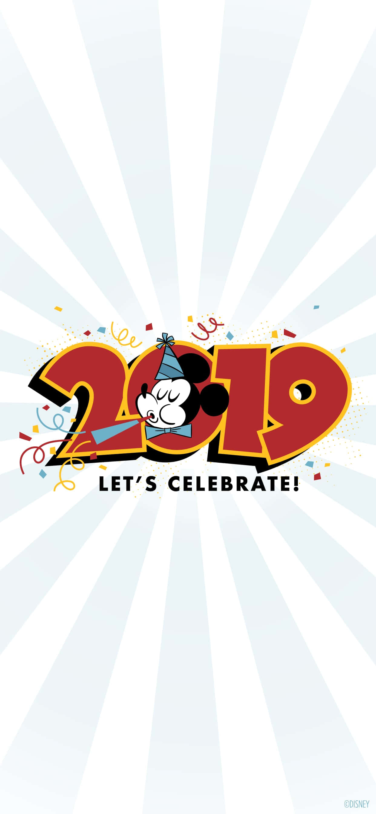 桌布 壁紙 — 米奇老鼠戴著派對帽，嵌入粗體紅色2019文字中，配以五彩紙屑，背景為淺藍色放射狀爆發。
