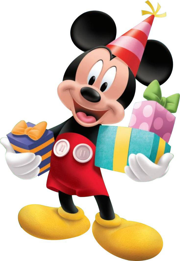 Mickey 桌布 壁紙 — 米奇老鼠戴著紅白派對帽，高興地拿著兩個色彩繽紛、繫有蝴蝶結的禮物。