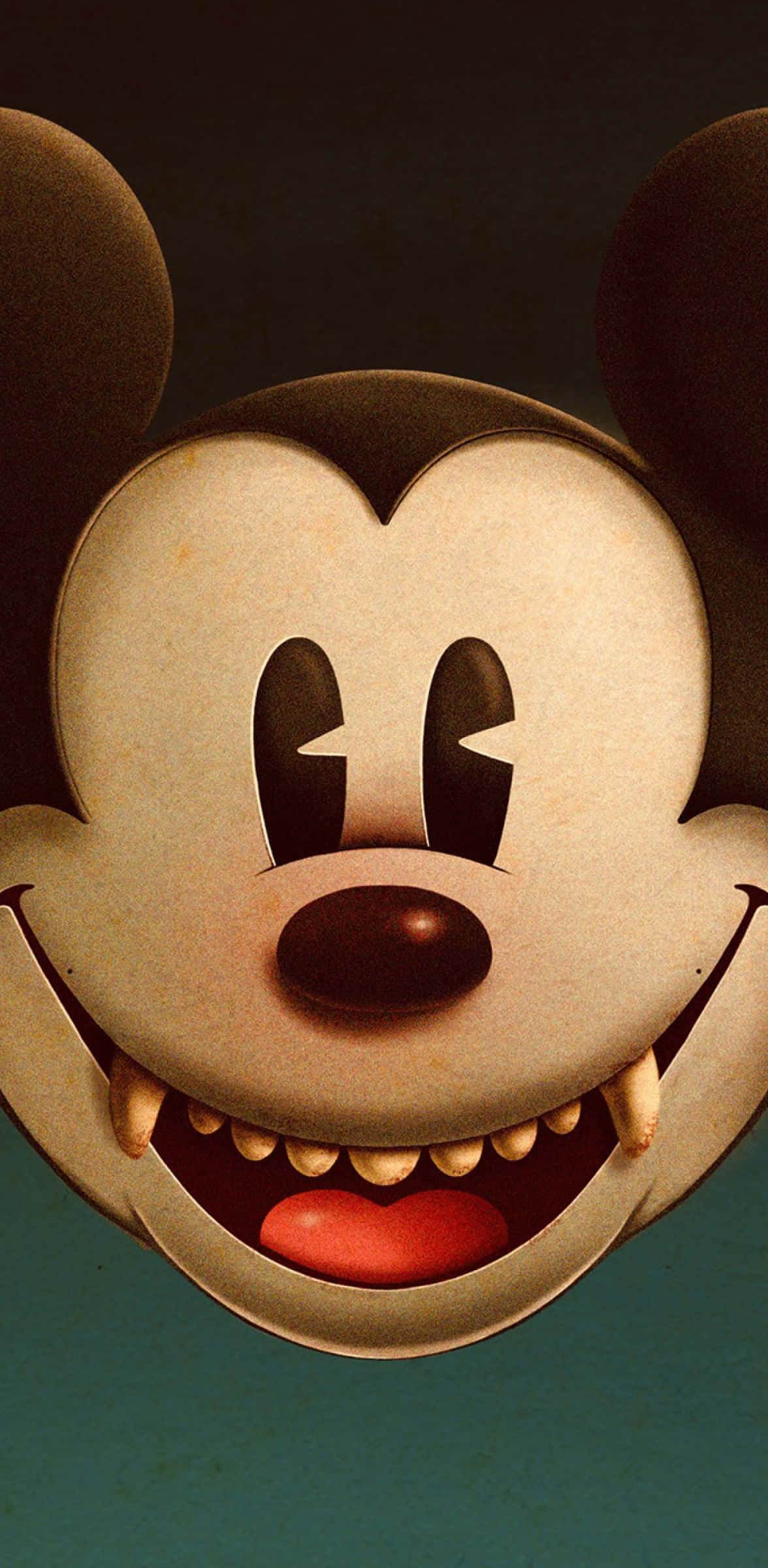 Mickey Mouse Cool 桌布 壁紙 — 米奇老鼠扭曲面孔的特寫，帶有尖銳牙齒和紅色舌頭，背景為深藍綠色。