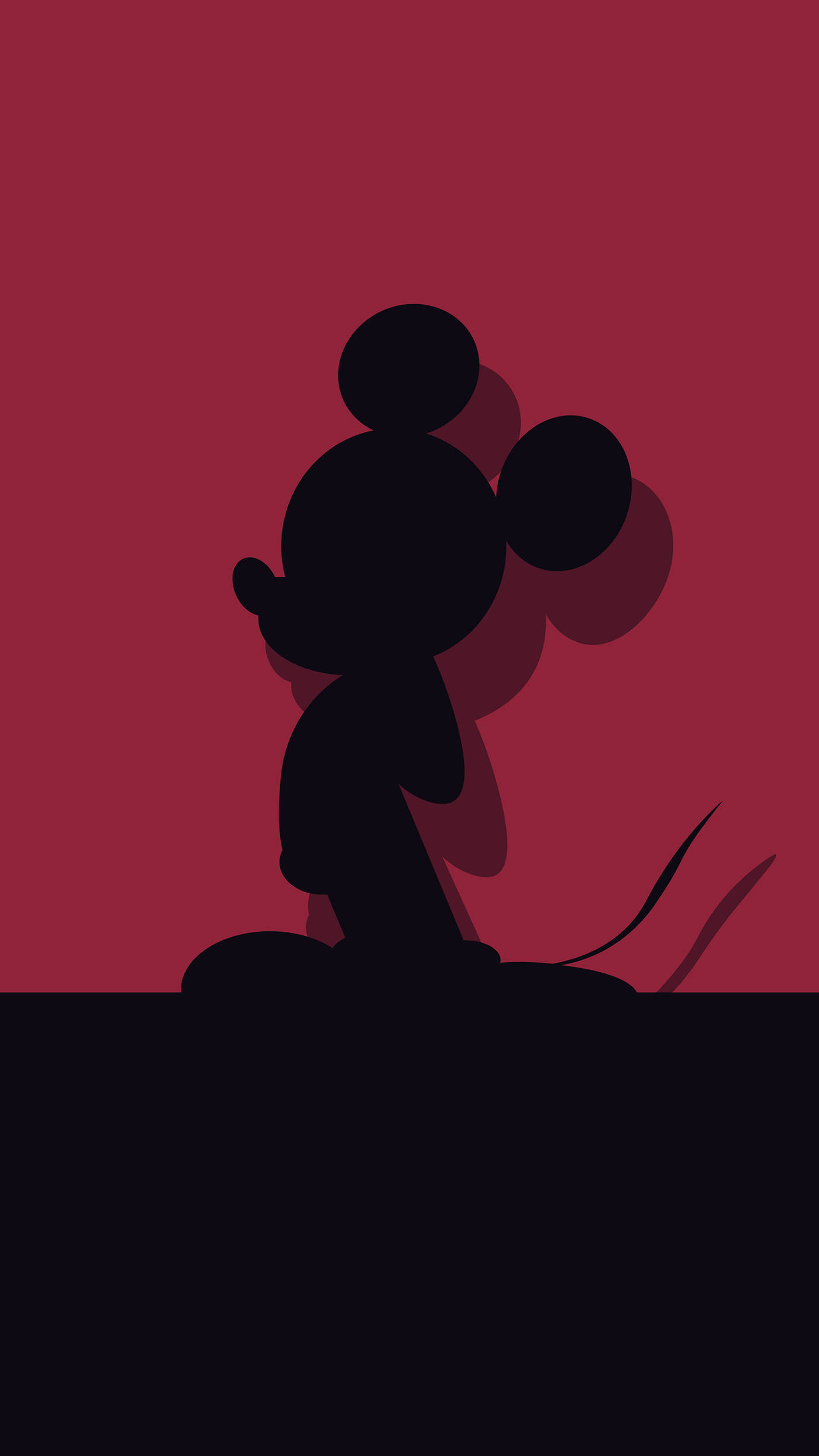Mickey 桌布 壁紙 — 米奇老鼠的黑色剪影，站在深紅色漸變背景上，帶有柔和陰影。
