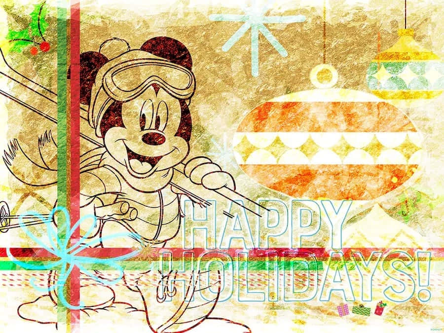 米奇 桌布 壁紙 — 米奇老鼠穿著滑雪裝備，在質感復古背景上，旁邊有節日裝飾和「HAPPY HOLIDAYS!」文字，露出愉快的笑容。