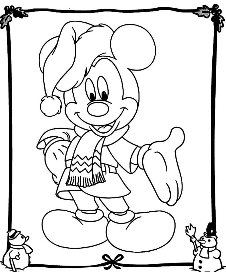 Mickey Mouse Colouring 桌布 壁紙 — 米奇老鼠穿著節日冬季服裝，在節日裝飾和雪人的襯托下愉快地微笑。