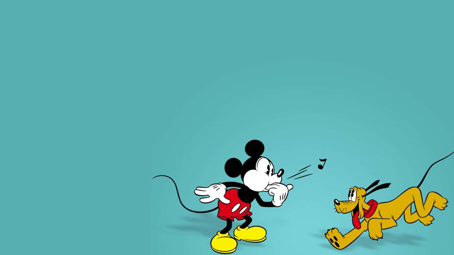 Cartoon 桌布 壁紙 — 米奇老鼠穿著紅色短褲和黃色鞋子，對著在青綠色背景旁快樂奔跑的布魯托愉快地唱歌。