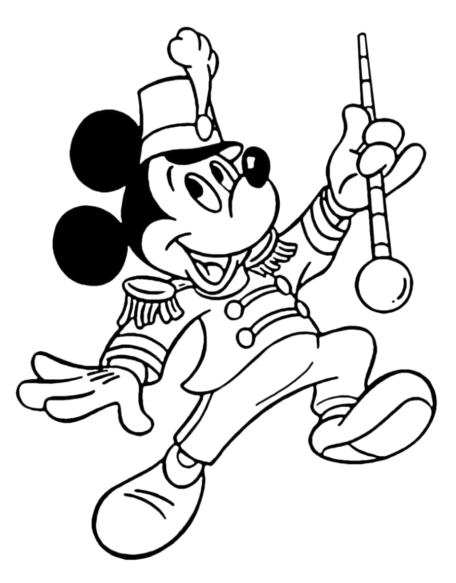 Mickey Mouse Colouring 桌布 壁紙 — 米奇老鼠穿著行進樂隊制服，高舉拳頭，咧嘴大笑，愉快地打鼓。