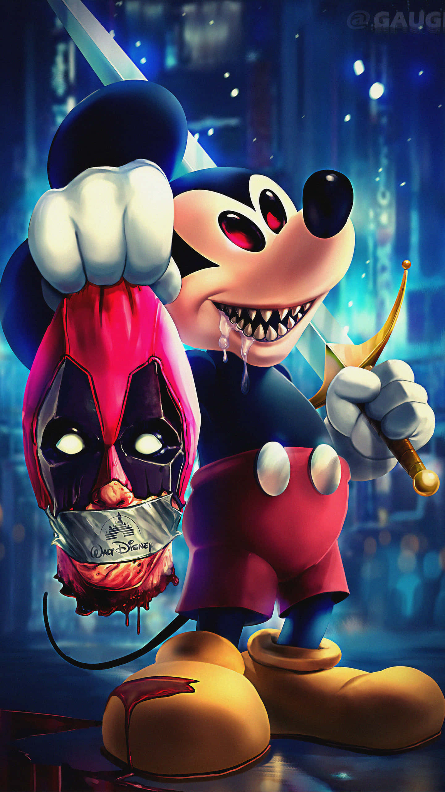 Mickey Mouse Cool 桌布 壁紙 — 米奇老鼠紅眼獠牙，手持死侍斷頭和金匕首，背景是霓虹燈城市。