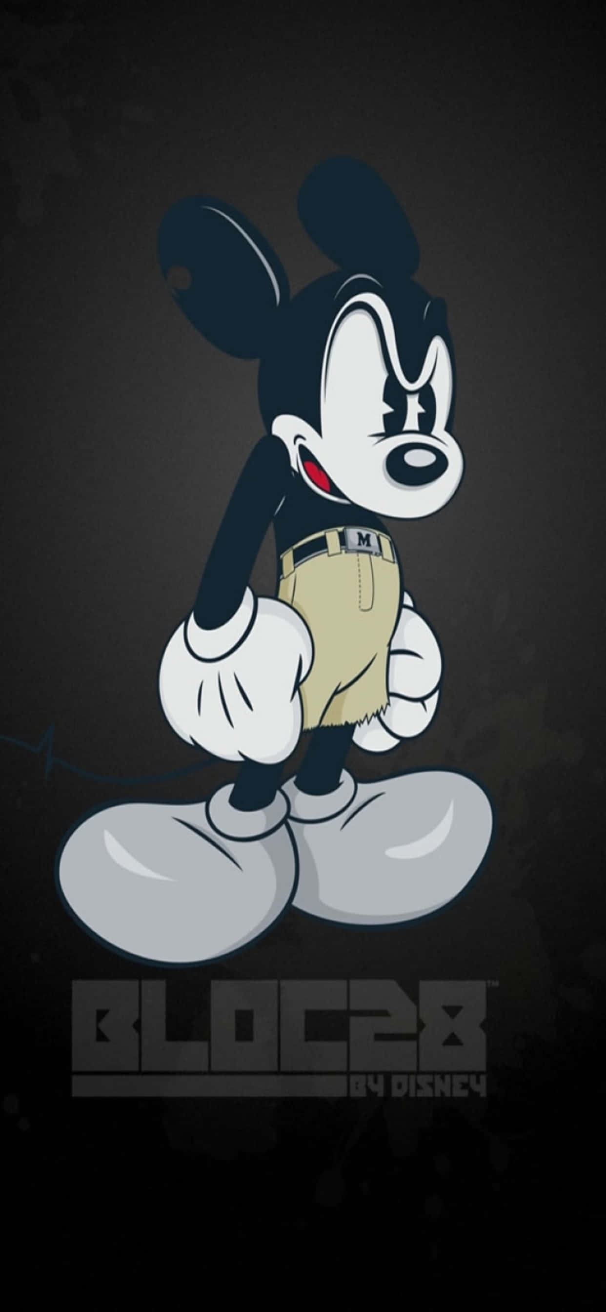 iPhone Xs Max Disney 桌布 壁紙 — 米奇老鼠自信地站在一個帶有醒目圖形設計和「BLOC28 by Disney」浮水印的時尚深灰色背景上。