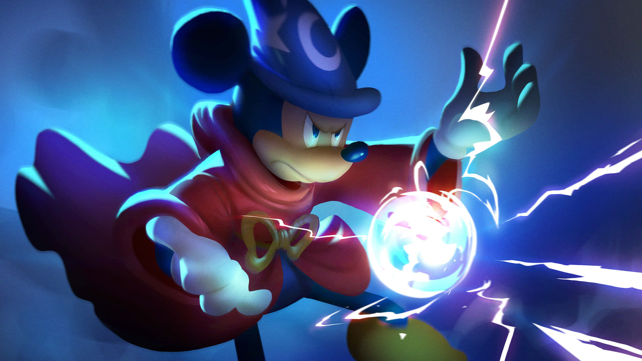 Disney Character 桌布 壁紙 — 米奇老鼠身穿巫師服裝，在深藍色背景上引導發光的魔法能量，伴隨戲劇性的閃電效果。