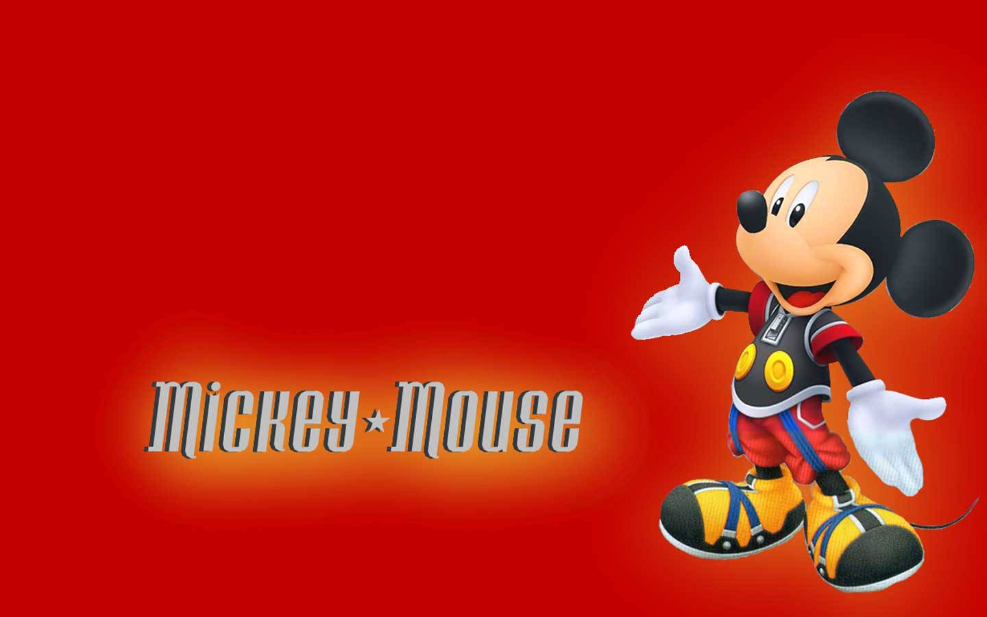 Mickey 桌布 壁紙 — 米奇老鼠身穿紅黃色服裝，在鮮紅色背景上揮手，背景有發光文字。