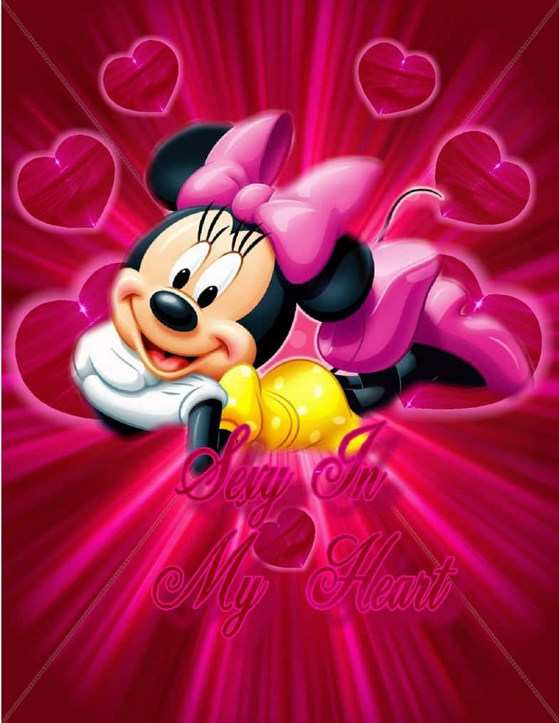 Minnie Mouse Pink 桌布 壁紙 — 米妮老鼠以俏皮姿態，被發光的粉紅色心形包圍，背景是耀眼的洋紅色。