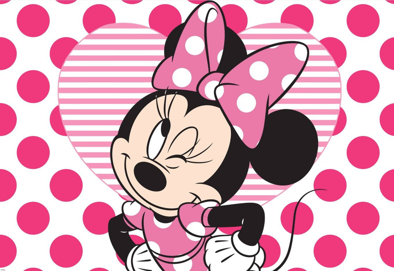 minnie 桌布 壁紙 — 米妮老鼠在粉紅色圓點背景上，對著一個條紋愛心開心眨眼。